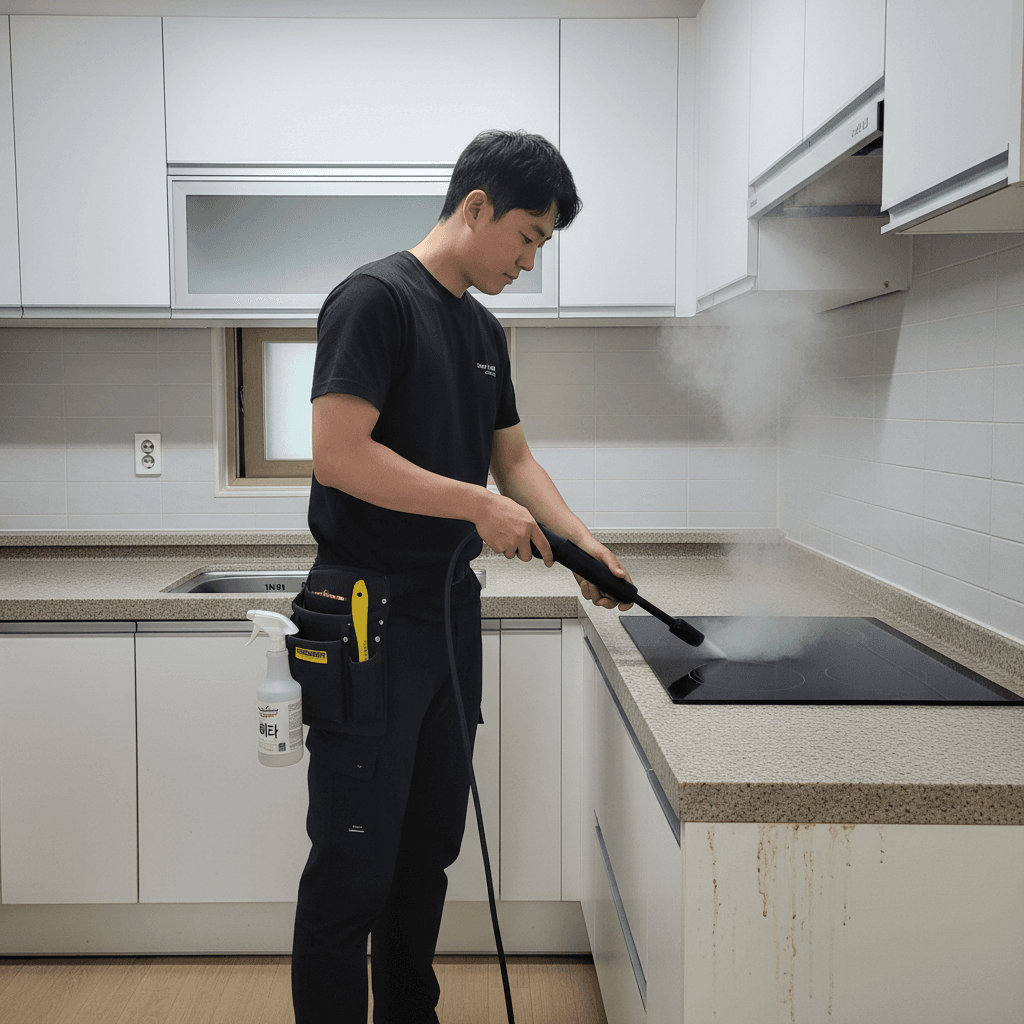 카처 스팀기를 사용하여 주방 후드 필터의 찌든 기름때를 제거하는 모습. 고온 스팀이 기름때를 녹여 깨끗하게 닦아냅니다.