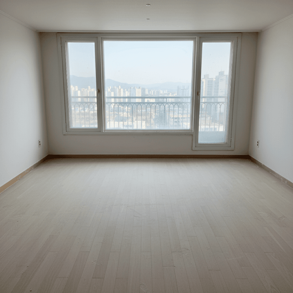 거실 바닥 청소 전 모습. 겉보기에는 깨끗해 보이지만, 자세히 보면 미세먼지와 얼룩이 눈에 띕니다.