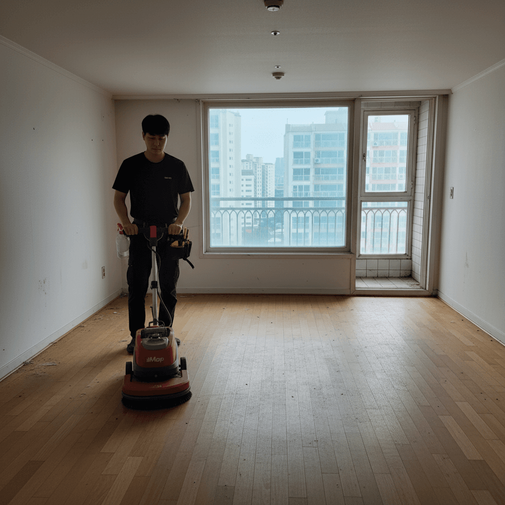 아이맙 청소기로 거실 바닥을 청소하는 모습. 꼼꼼하게 여러 번 반복하여 묵은 때를 제거해요.