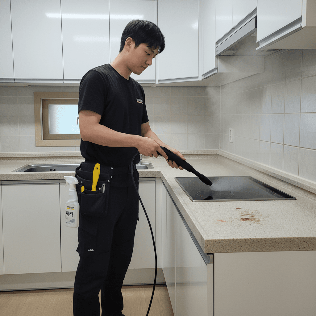 카처 스팀기를 사용하여 주방 후드의 찌든 기름때를 제거하는 모습. 고온 스팀으로 묵은 때를 불려 깨끗하게 닦아냅니다.