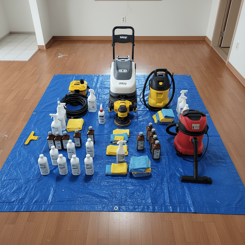 입주청소은하결의 전문 장비 세팅 모습. 아이맙 청소기, 디월트 폴리셔, 카처 스팀기, S-402 업소용 진공청소기, 독일제 TANEX AZ70 약품 등이 준비되어 있어요.