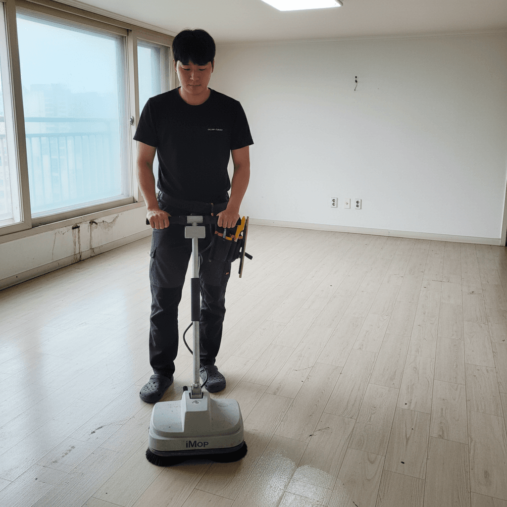 아이맙 청소기를 사용하여 거실 바닥을 청소하는 모습. 찌든 때와 얼룩을 효과적으로 제거하고 있어요.