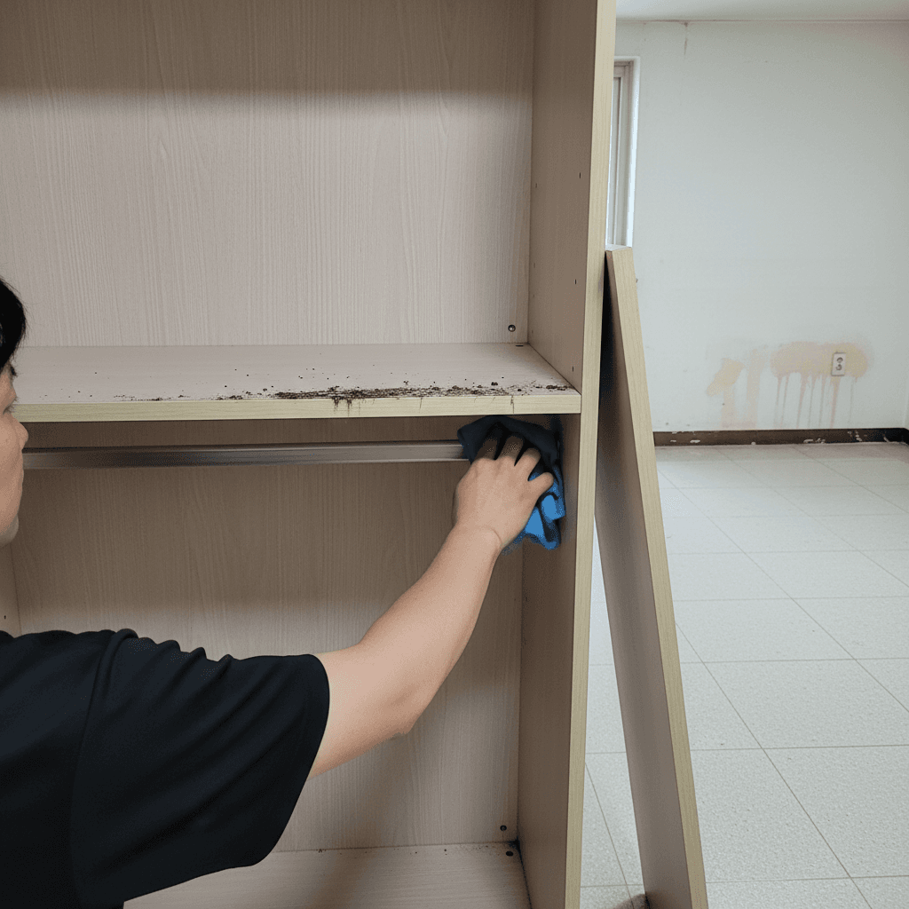 하부장 서랍을 탈거하여 레일까지 꼼꼼하게 청소하는 모습. 숨겨진 먼지와 오염물질을 깨끗하게 제거해요.