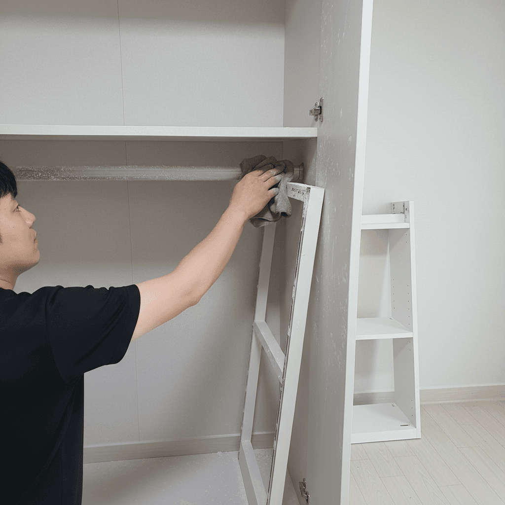 하부장 서랍을 탈거하여 레일의 먼지를 청소하는 모습.