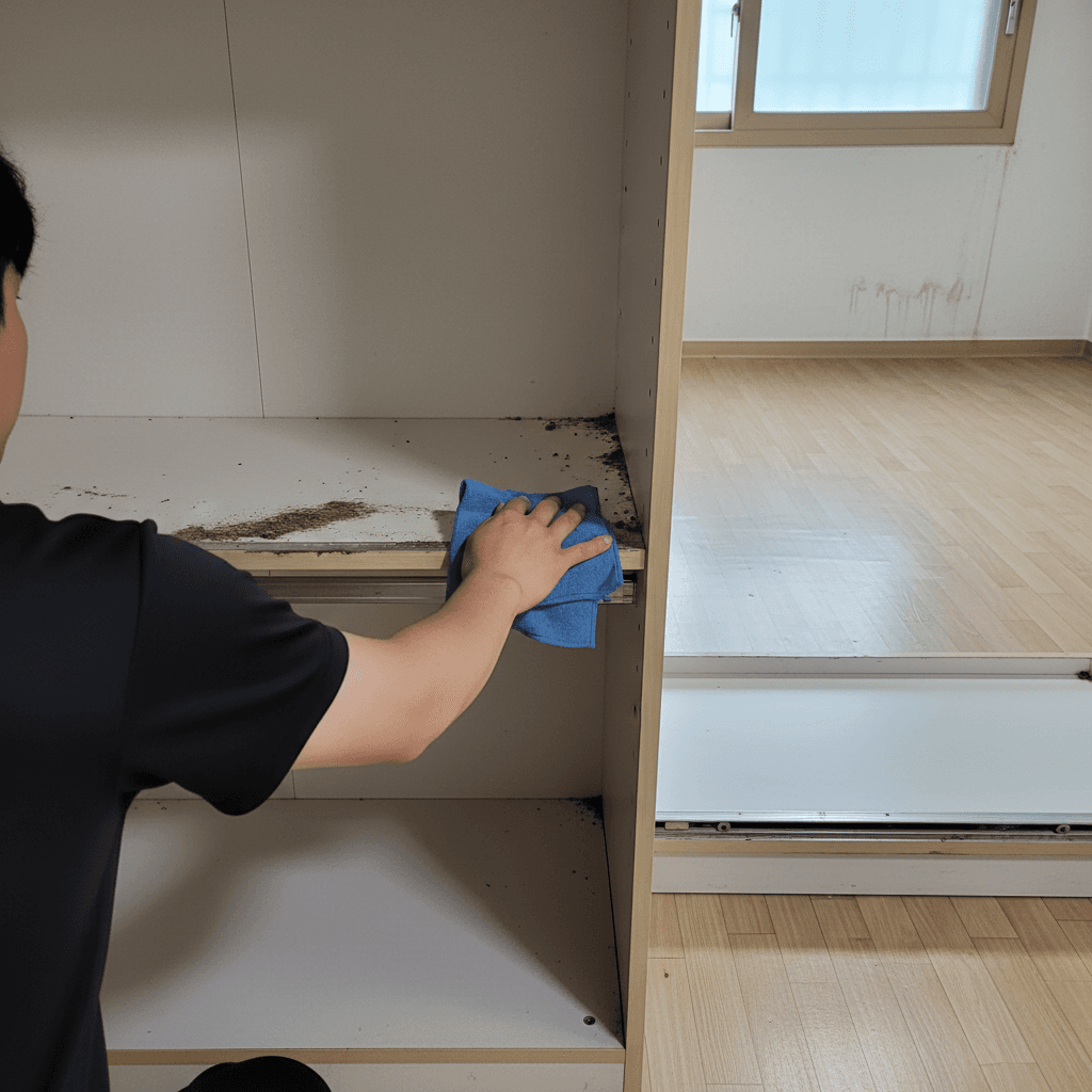 하부장 서랍을 탈거하여 레일까지 꼼꼼하게 청소하는 모습